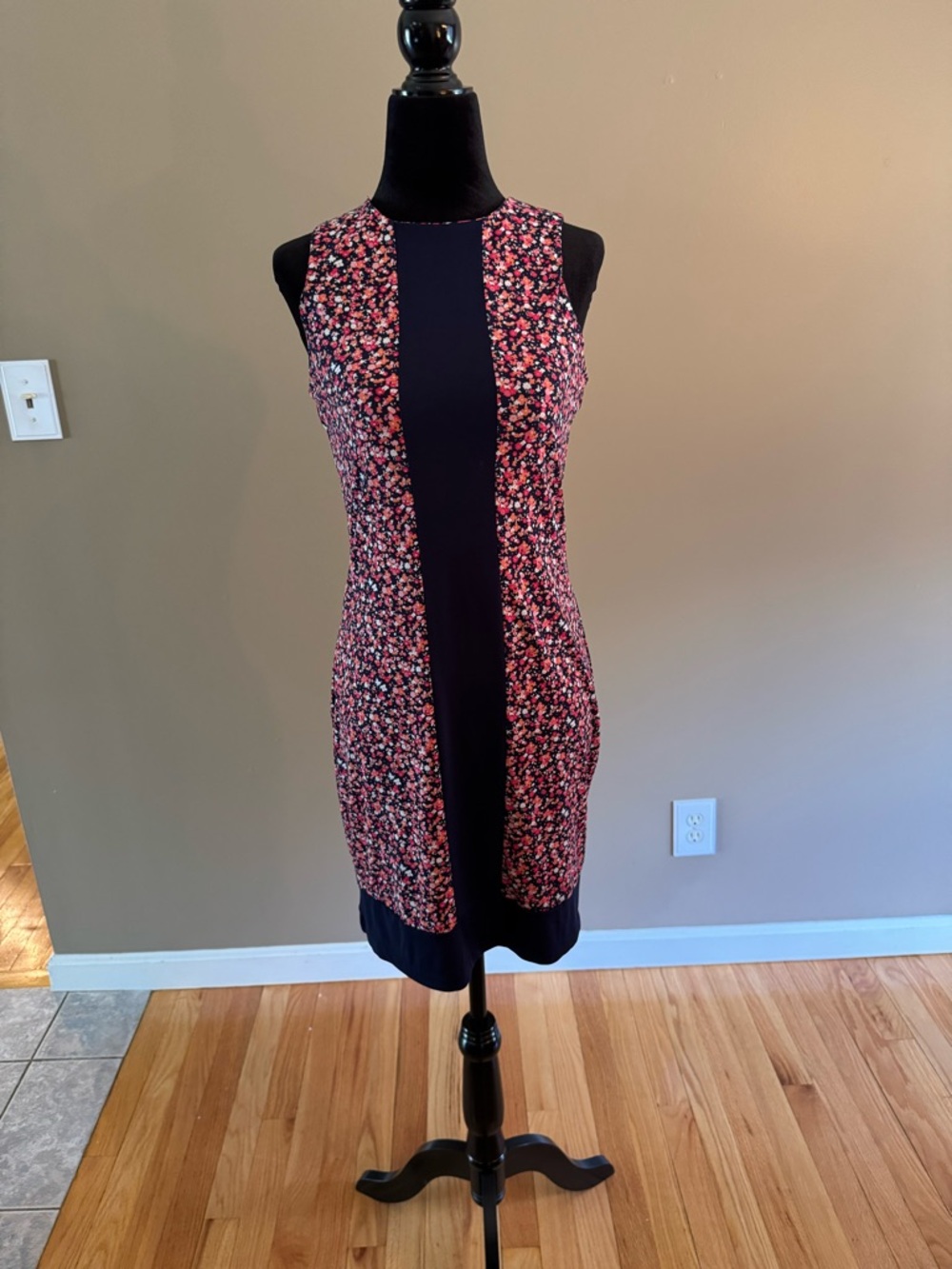 Michael Kors Navy Center Pink Floral Panel Midi Dress